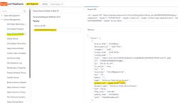 Screenshot of Tuya IoT Platform showing an API request for device details and a JSON response with device information.