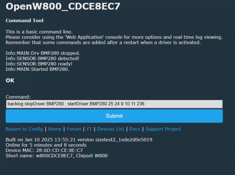 Screenshot of OpenW800_CDCE8EC7 tool showing a command line interface with a command to the BMP280 driver.