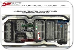 Bosch MEVD1784 ECU connector with labeled pins for CAN, power, ground, and GPT communication.