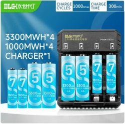 DLG battery set with charger, featuring AA and AAA batteries and information on charge cycles and charge time.