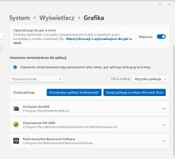 Okno ustawień systemowych Windows w sekcji „Grafika” z widocznymi aplikacjami i opcjami dodawania aplikacji do ustawień niestandardowych.
