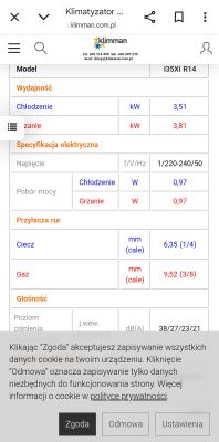 Zrzut ekranu tabeli specyfikacji klimatyzatora modelu I35Xi R14, pokazującej wydajność chłodzenia i grzania oraz pobór mocy.
