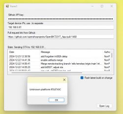Error message in a program window showing Unknown platform RTL87X0C.