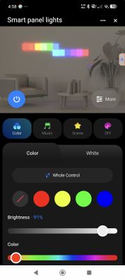Screenshot of the “Smart panel lights” app showing a preview of multicolor LED panels and brightness/color controls.