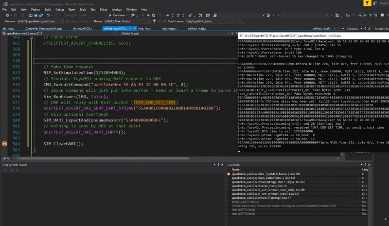 Screenshot of software debugging in Visual Studio 2017 development environment.