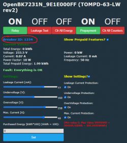 Screenshot of the OpenBK7231N user interface with energy settings and values.