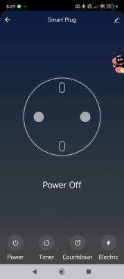 Tuya app screen displaying a turned-off Smart Plug with options for Power, Timer, Countdown, and Electric.
