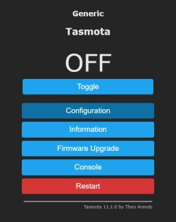 Main Tasmota user interface screen with function buttons for device control.