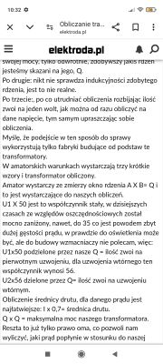 Screen z artykułu na temat obliczania transformatorów na stronie elektroda.pl