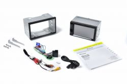 Set including Pioneer DMH-A240BT car radio, mounting frame, cables, and user manual.