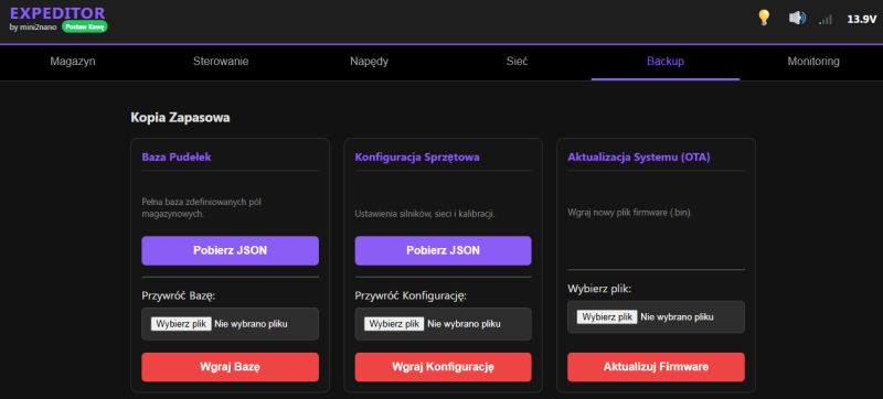 Screenshot of “EXPEDITOR” web panel on Backup tab with JSON download and OTA firmware update options