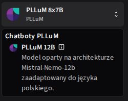 Zrzut ekranu z aplikacji prezentujący modele PLLuM 8x7B i PLLuM 12B.