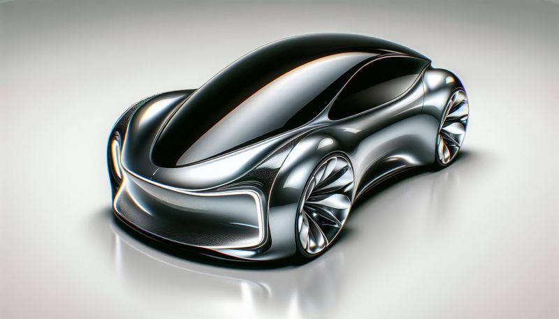 Futurystyczny samochód koncepcyjny z połyskującym metalicznym wykończeniem i aerodynamicznym kształtem.
