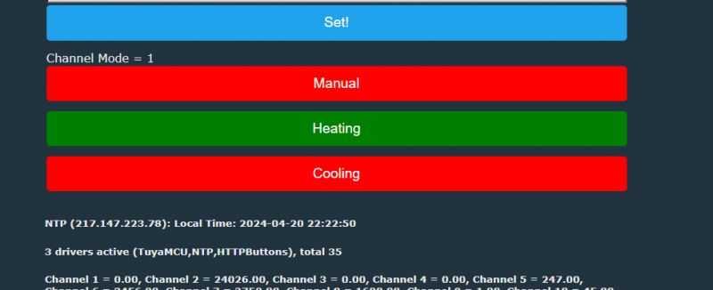 OpenBeken App Interface with Mode Settings Control panel with Manual, Heating, and Cooling modes in OpenBeken app
