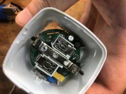 Interior of Electrical Socket with Circuit Board Close-up of the inside of an electrical socket showing a circuit board.