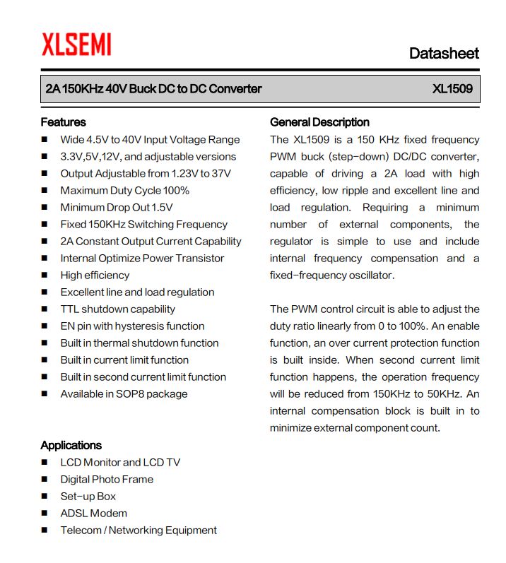 Screenshot of the first page of the XL1509 datasheet for a 2A buck DC‑DC converter
