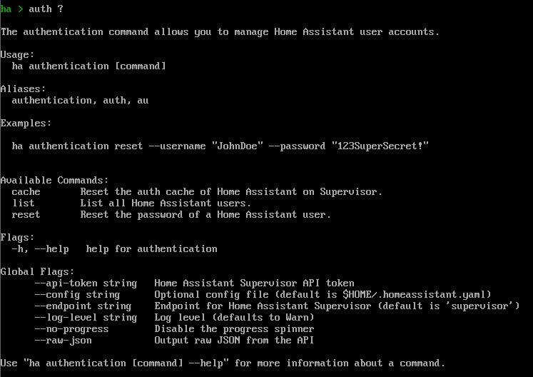 Screenshot showing the command line for managing Home Assistant user accounts.