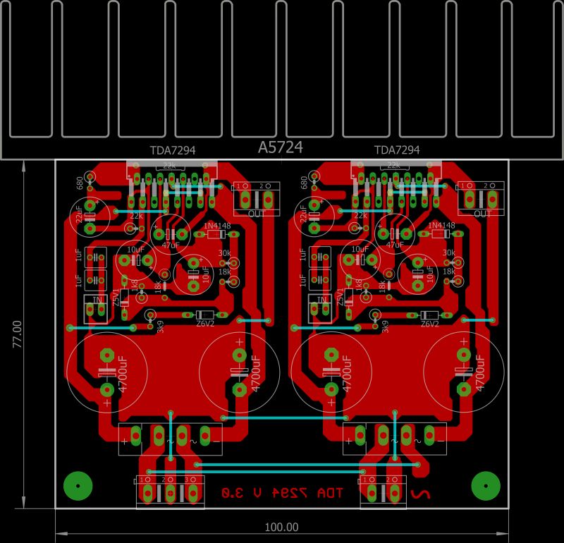 Projekt płytki PCB dwukanałowego wzmacniacza audio z układami TDA7294.