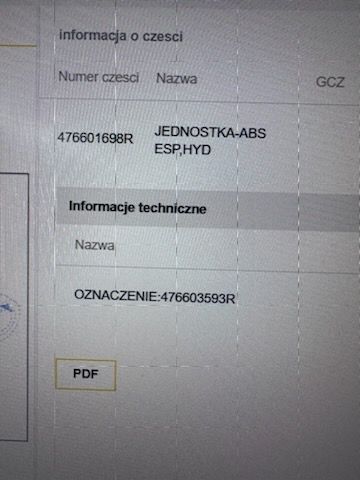 Zdjęcie ekranu z informacjami o części samochodowej.