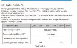 Zrzut ekranu z instrukcji falownika: tabela napięć PV 125–500 V i zakres MPPT 150–425 V