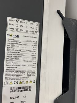 Nameplate of Sofar 8.8 KTL-X inverter with technical specifications.
