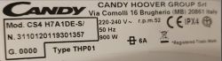 Etykieta z informacjami technicznymi suszarki Candy.