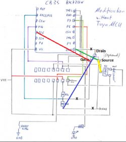 Circuit modification schematic of a transistor with marked connections.
