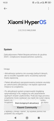 Zrzut ekranu aktualizacji Xiaomi HyperOS z wersją 2.0.210.0.VMLEUXM i komunikatem o braku aktualizacji