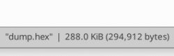 Screenshot showing the file dump.hex with a size of 288 KiB (294,912 bytes).