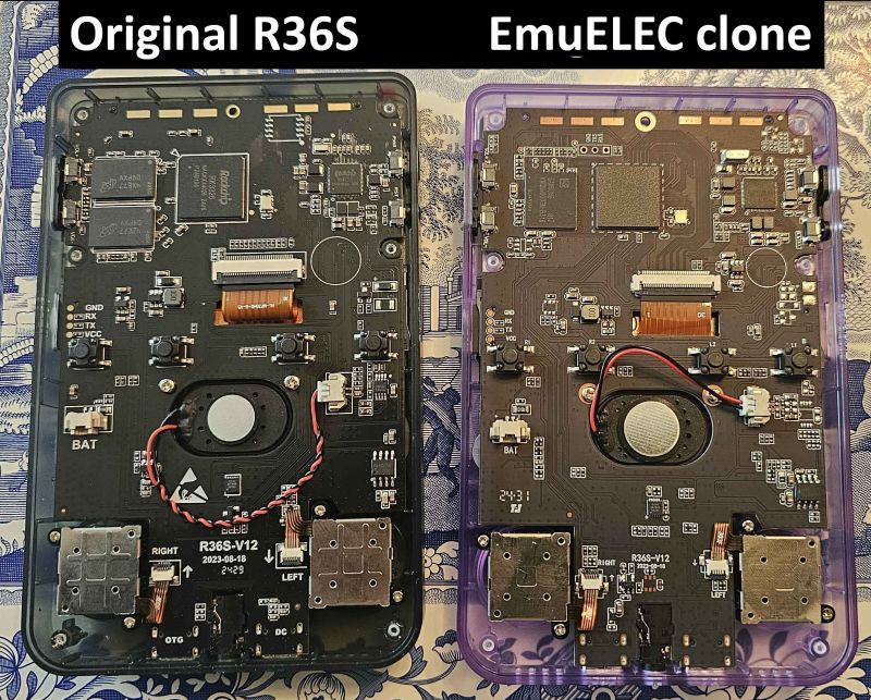 Comparison of R36S console internals: original vs. EmuELEC clone, no visible WiFi module