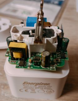 Interior of Energizer Smart WiFi Socket Close-up of the interior of an Energizer Smart WiFi socket after opening the casing.