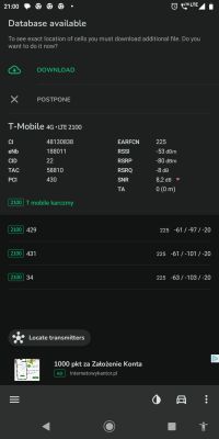 Zrzut ekranu z aplikacji NetMonster przedstawiający parametry połączenia LTE 2100 MHz sieci T-Mobile z BTS Karczmy.