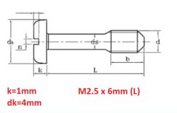 Rysunek techniczny śrubki M2.5×6mm z łbem o grubości 1mm i średnicy 4mm