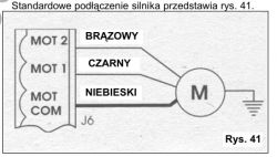 Schemat podłączenia elektrycznego silnika z oznaczeniami MOT COM, MOT1, MOT2.
