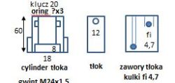 Schemat elementów cylindra tłoka z oznaczeniem wymiarów i kulki do zaworu o średnicy 4,7 mm.