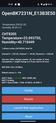 App screen showing temperature and humidity information with configuration options.