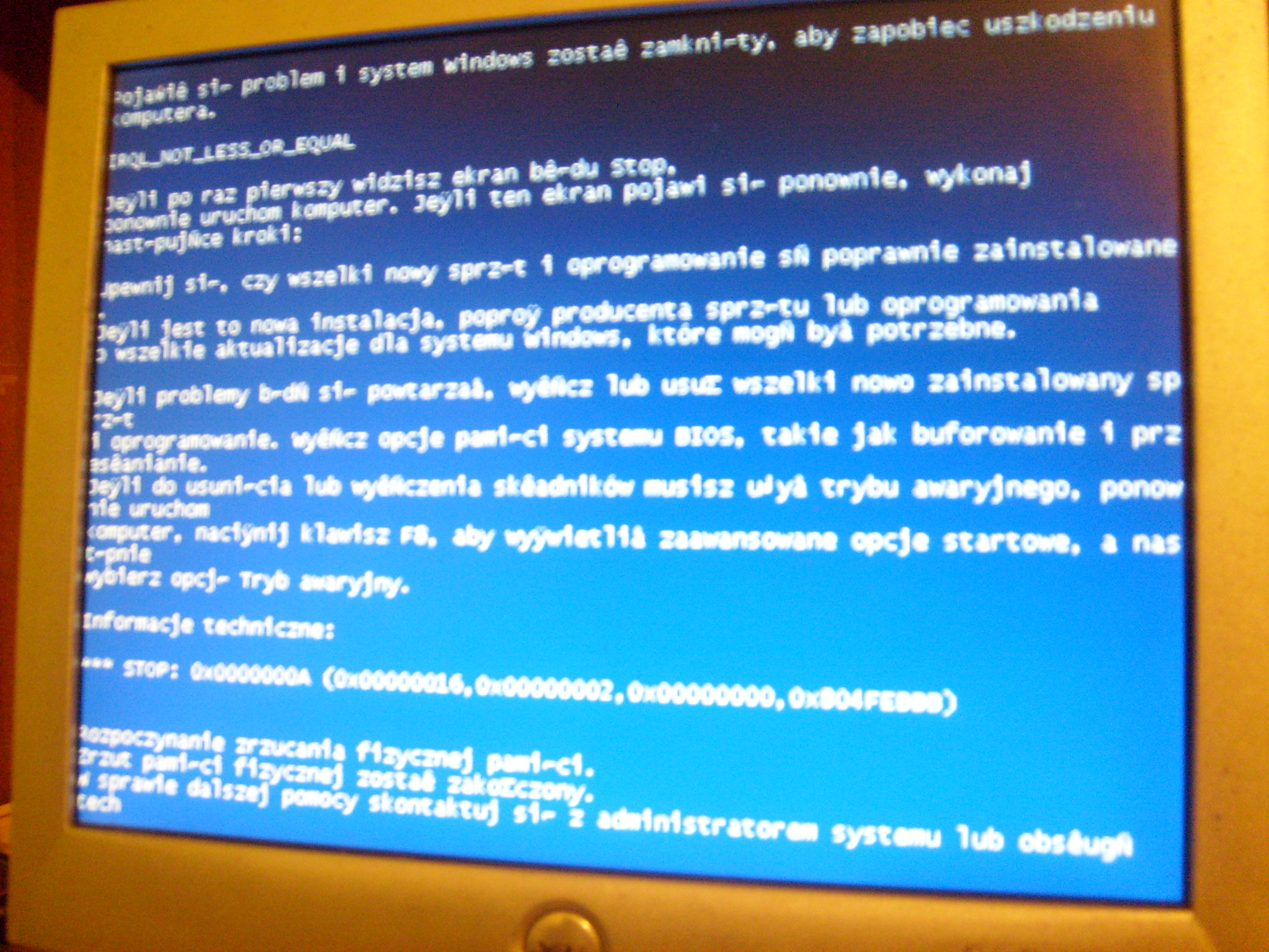 Reset komputera i pojawienie się "niebieskiego ekra