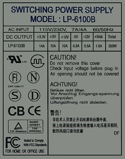 Switching Power Supply model: LP-6100B - Uszkodzenie?