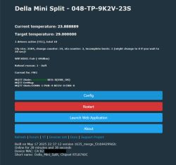 Della Mini Split control panel showing current and target temperatures with configuration options.