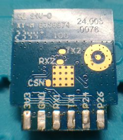 CB2S Module with Trace Labels Close-up of CB2S module PCB with labeled traces and solder pads.