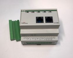 F&amp;Home mH-S8B building automation controller with RJ-45 sockets and screw terminals.