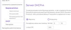 Ekran ustawień DHCPv4 modemu z zaznaczoną opcją włączonego serwera DHCP