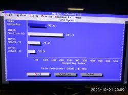 Screenshot eines CPU-Benchmark-Programms, das einen Vergleich verschiedener Intel-Prozessoren zeigt, darunter Pentium-66, 486DX-33 und 386DX-33.