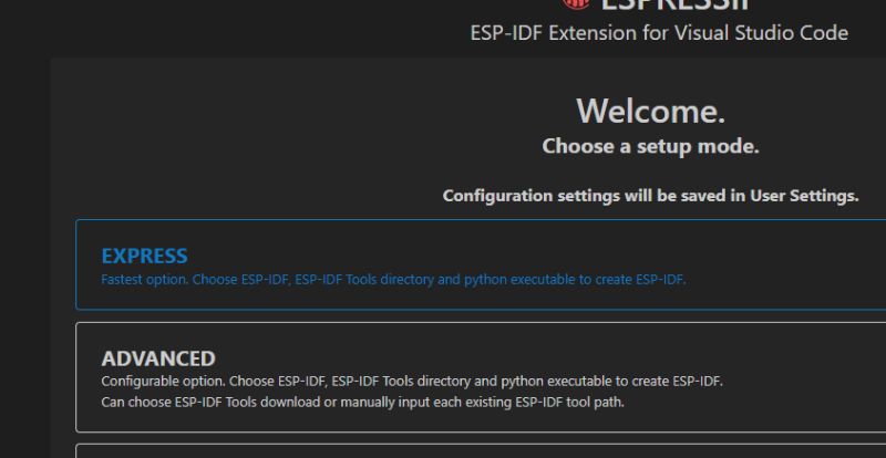 Ekran powitalny ESP-IDF w Visual Studio Code z wyborem trybu konfiguracji