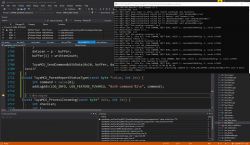 Screenshot of Visual Studio with debugging console and Tuya module source code.