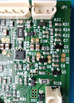 Close-up of a PCB with labeled components including diode DS2 and SMD circuitry
