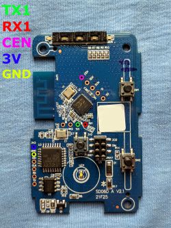 Circuit board with pin labels: TX1, RX1, CEN, 3V, GND.