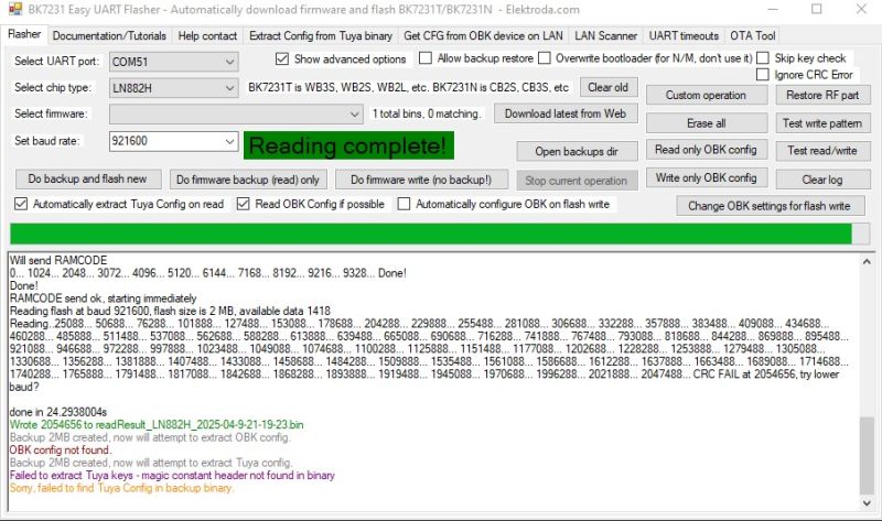 Memory read completed in BK7231 Easy UART flash tool BK7231 Easy UART Flasher interface with Reading complete! message