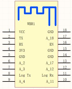Diagram of the WBR1 electronic module with labeled pins and a radio wave symbol at the top.