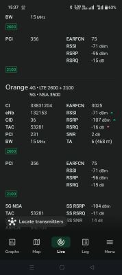 Zrzut ekranu z aplikacji NetMonster z danymi sieci Orange 4G i 5G